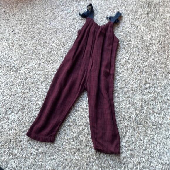 ZARA GIRLS Linen Cotton Blend Burgundy & Navy Plaid Tie Bow Overalls Size 4 - Picture 3 of 3